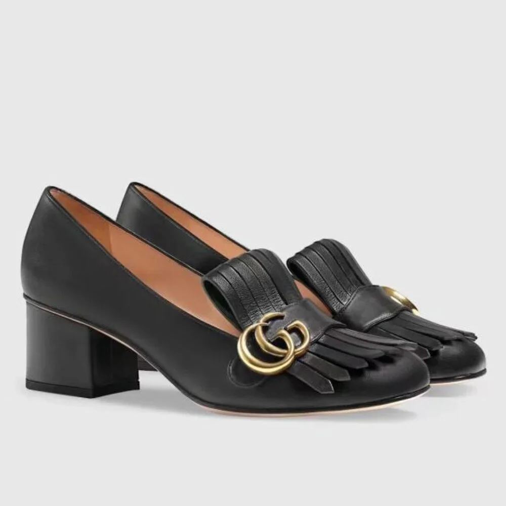 NIB Gucci Women's Black Leather Mid-Heel Marmont Pump Size 34.5 - Picture 7 of 8